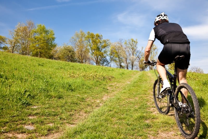 Man On A Mountain Bike Riding In Grassy Terrain